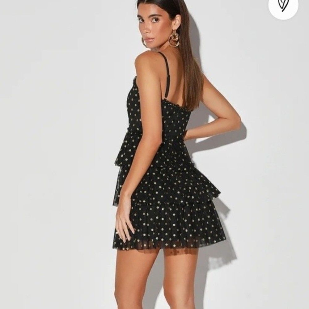 Lulus twinkle of my eye black gold polka dot tiered tulle cocktail dress Medium - Picture 10 of 11